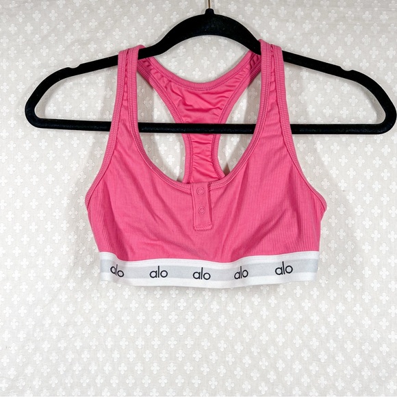 ALO Yoga Pink Ribbed Logo Racerback Bra and Boy Shorts Set - Picture 1 of 4